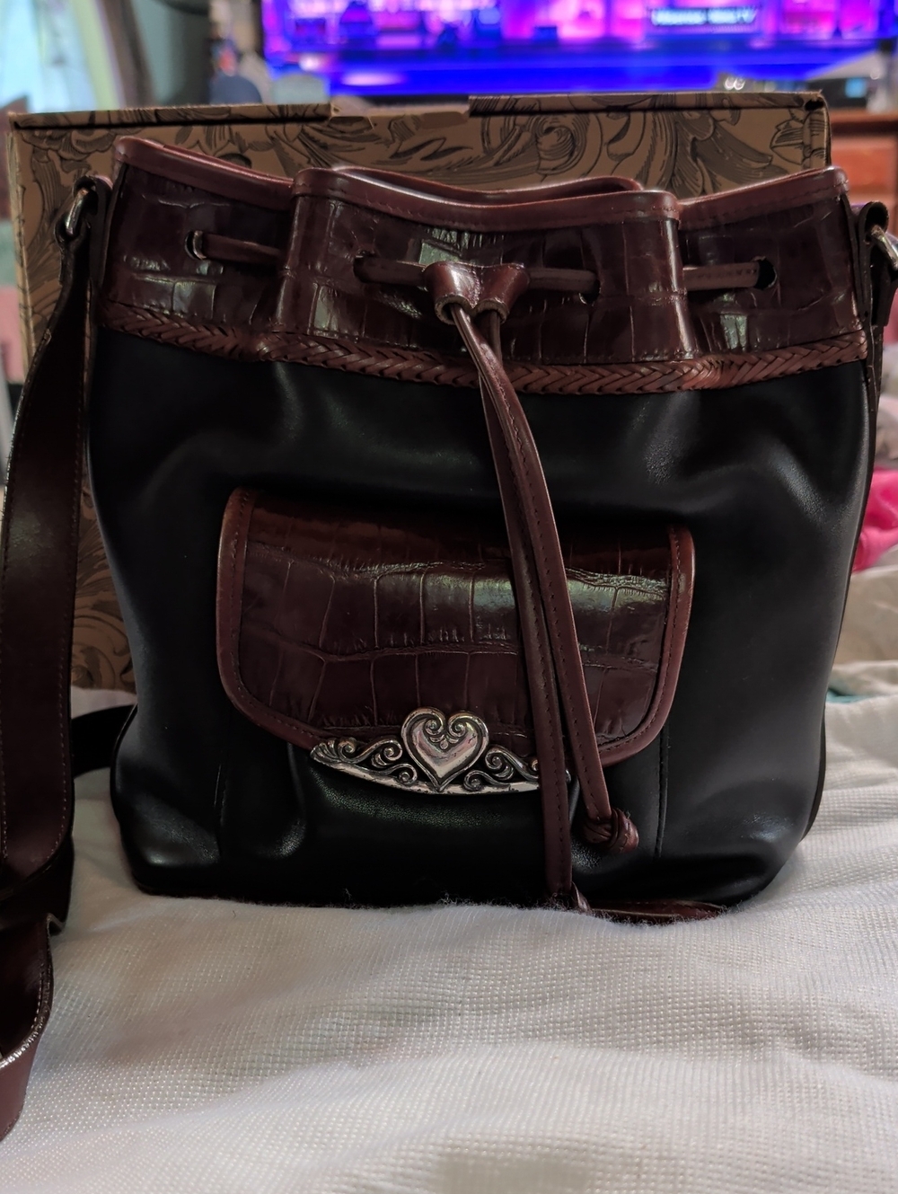Brighton Black and Dark Brown Women's Drawstring Bucket Bag with Heart Accent